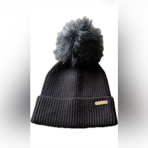 Barbour Black Knit Hat with Fluffy Pom-Pom